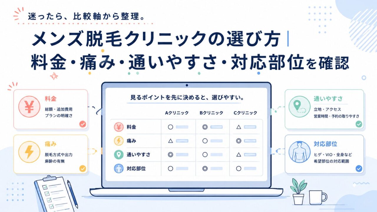 メンズ脱毛クリニックの選び方｜料金・痛み・通いやすさ・対応部位を確認