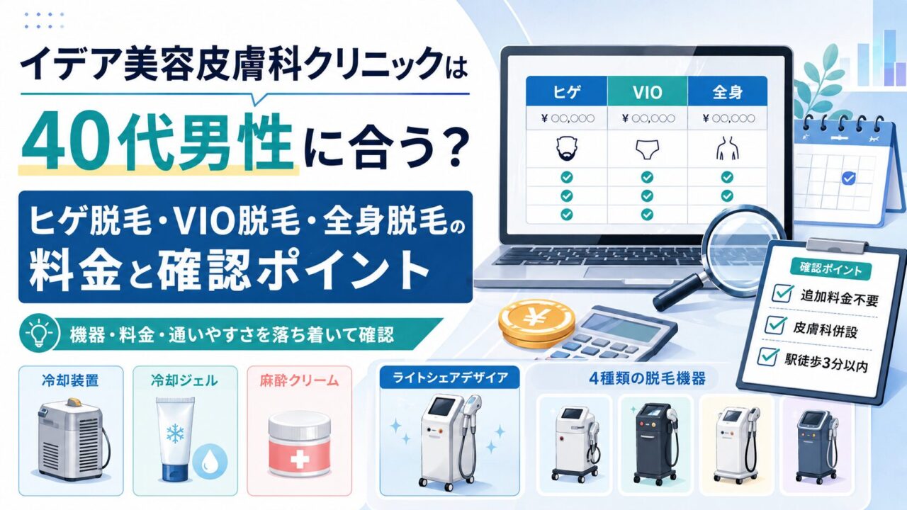 イデア美容皮膚科クリニックは40代男性に合う？ヒゲ脱毛・VIO脱毛・全身脱毛の料金と確認ポイント