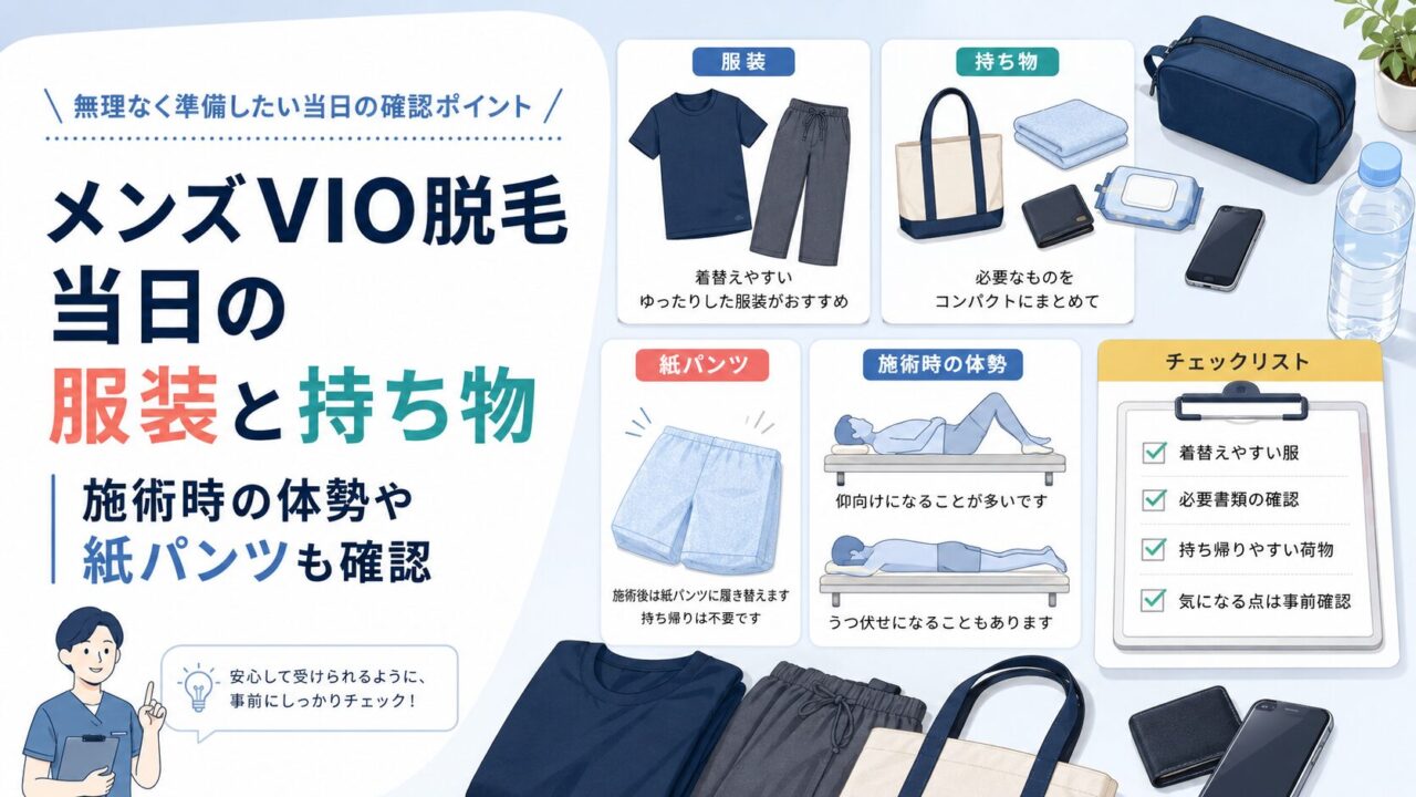 メンズVIO脱毛当日の服装と持ち物｜施術時の体勢や紙パンツも確認