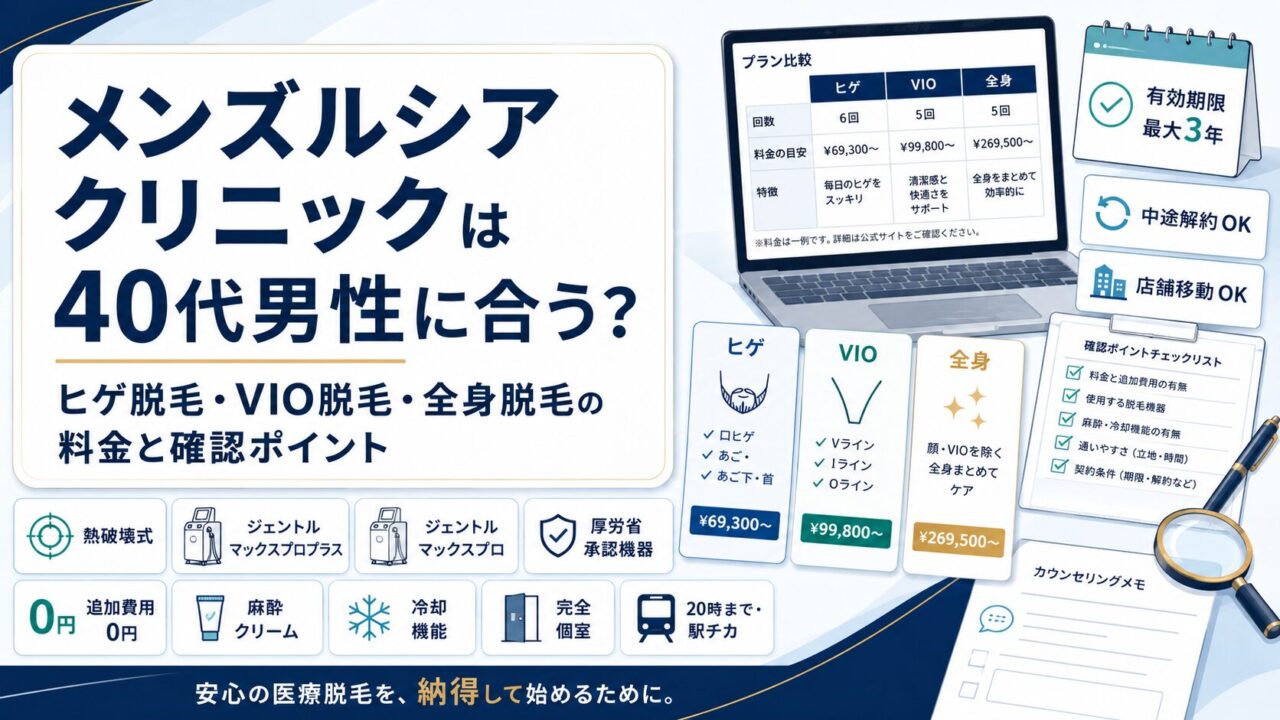 メンズルシアクリニックは40代男性に合う？ヒゲ脱毛・VIO脱毛・全身脱毛の料金と確認ポイント